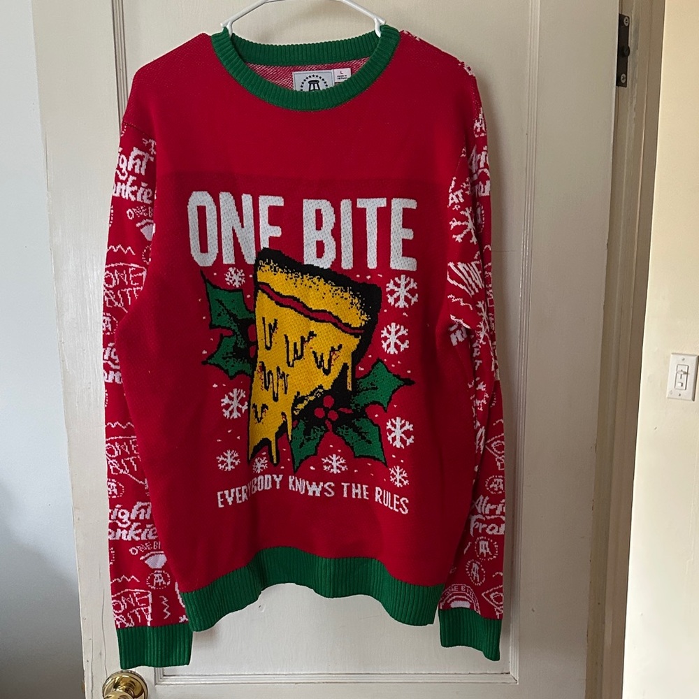 🎄🍕 Ugly Christmas Pizza Sweater – “ONE BITE” Graphic 🍕🎄